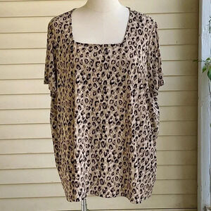 SUSAN GRAVER Leopard Print Liquid Knit Blouse Plus Size 4X Square Neck